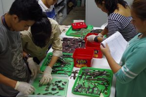 Student interns working on trays of preserved lizards, beetles, snakes and frogs